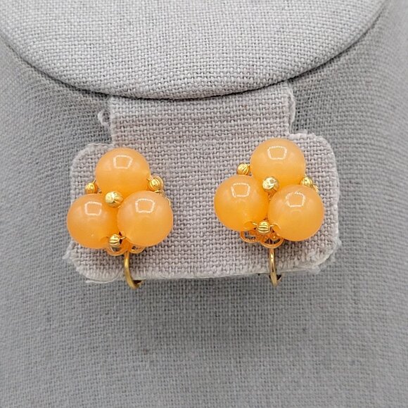 Hobe Vintage Triple Beaded Earrings Clip On Orange Gold Tone Signed - Picture 3 of 8
